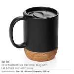 Black Ceramic Mugs with Lid and Cork Base