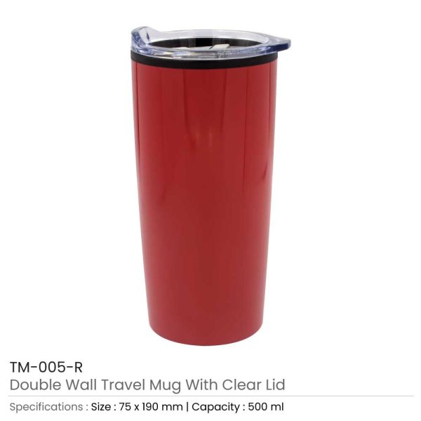 Double Wall Travel Mugs with Clear Lid Red