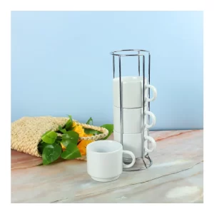 Ceramic Coffee Cups Set 4Pcs in Silver Metal Rack - Image 5