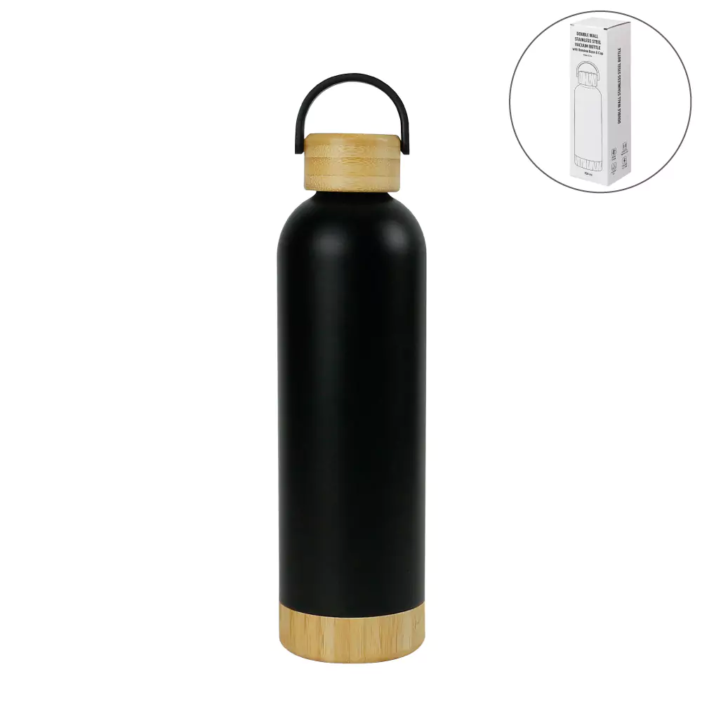 Double Wall SS Bottles with Bamboo Base & Lid 750 ml