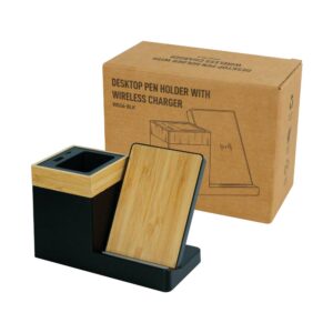 Bamboo Pen Holder with 15W Wireless Charger & LED Logo - Image 7
