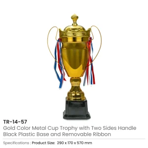 Metal Close Cup Trophies with Two-Sided Handle & Attached Ribbons - Image 10