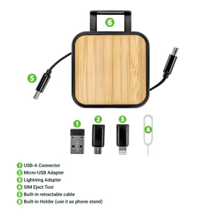 Retractable Charging Cable Set, Bamboo Top, 60W Fast Charging - Image 3