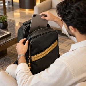 Backpack in PU Leather with Arabic Gold Bisht Design - Image 3